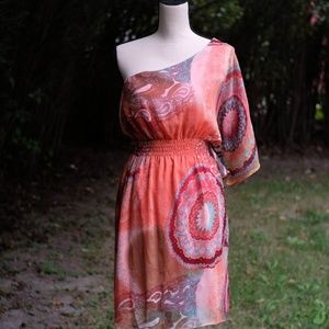 Orange/ Peach One Shoulder Boho Print Dress